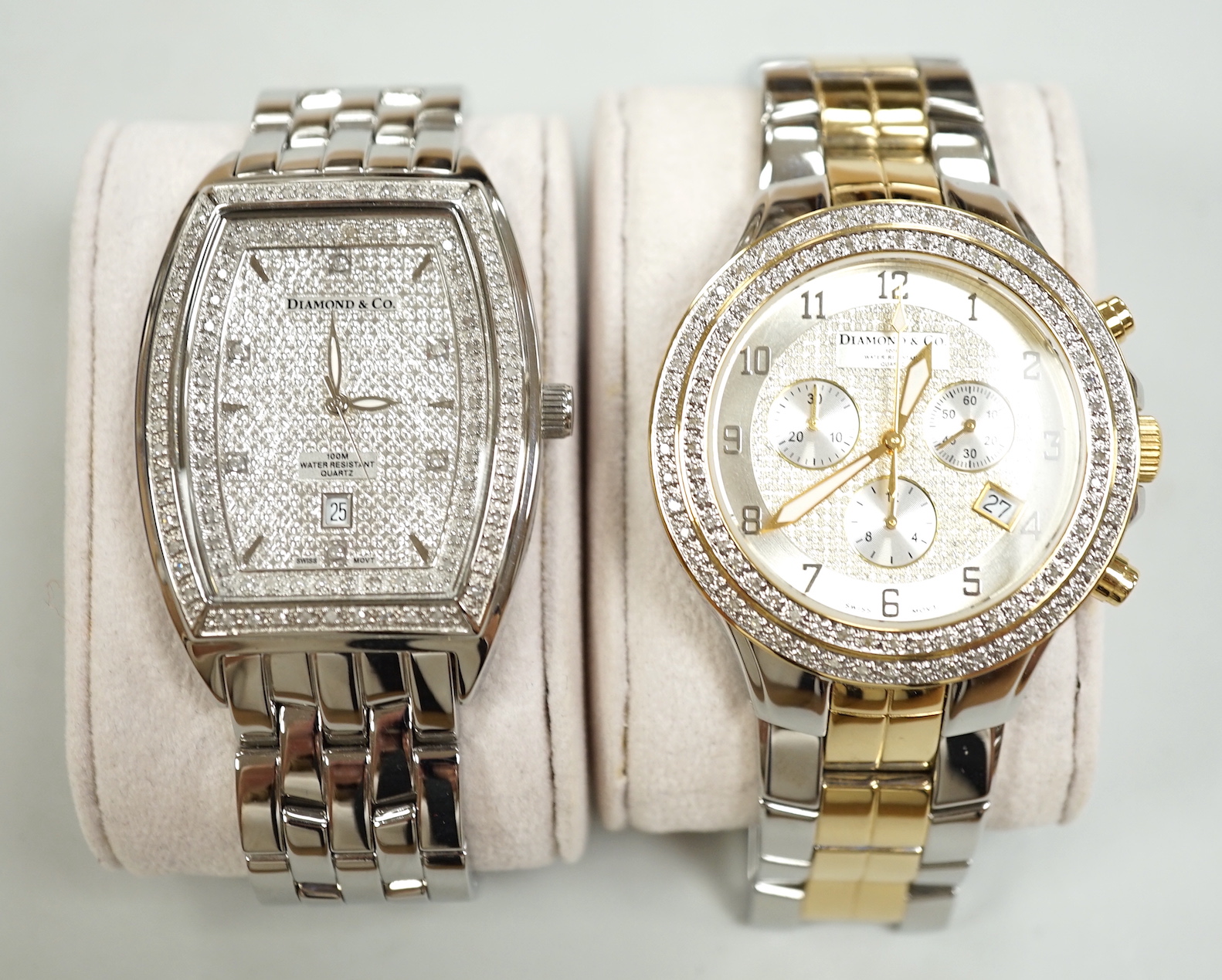 Two gentleman's modern stainless steel Diamond & Co quartz wrist watches, including chronograph, both with diamond chip set bezels.